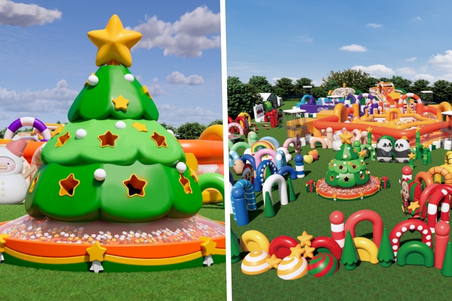inflatable christmas tree and an overview of the merry balloon park