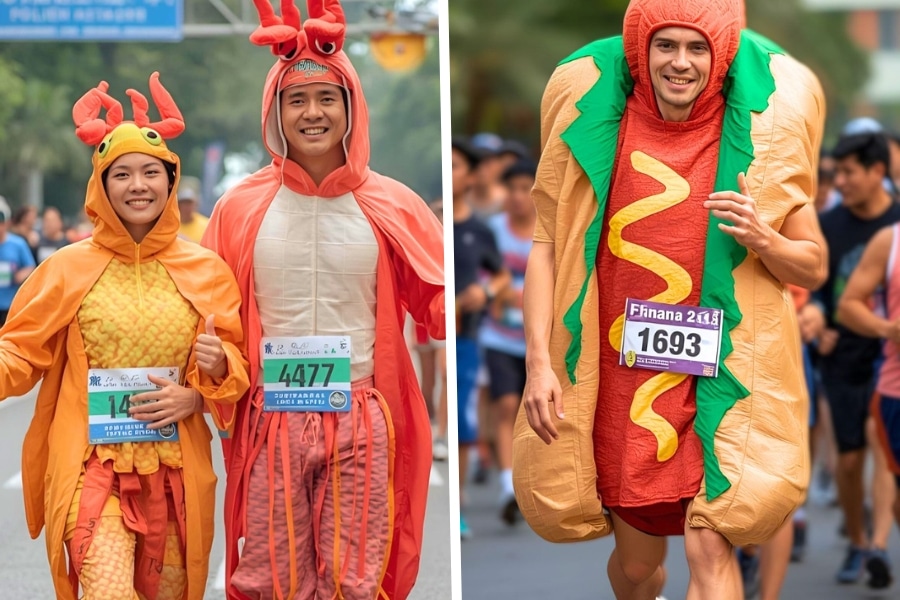 runners with lobster and hot dog costumes