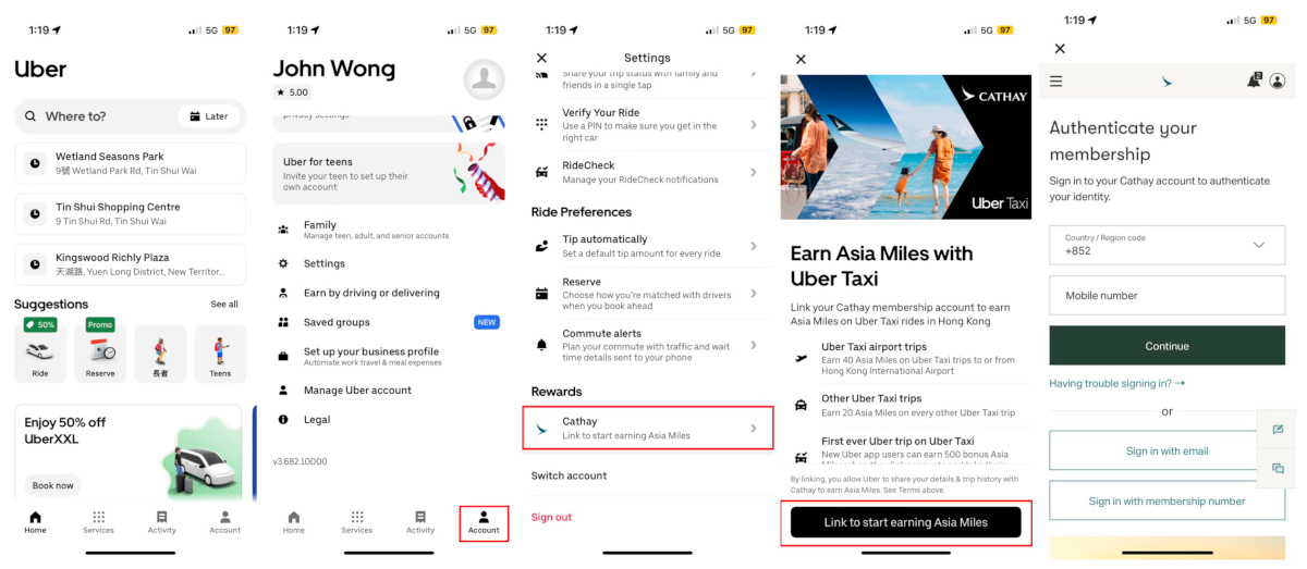 Follow these simple steps to link your Cathay membership account to the Uber app and start earning Asia Miles with every Uber Taxi ride. © Cathay Pacific.