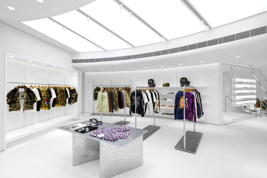 Wide view of the BAPE 1881 Heritage flagship store layout with apparel and accessories