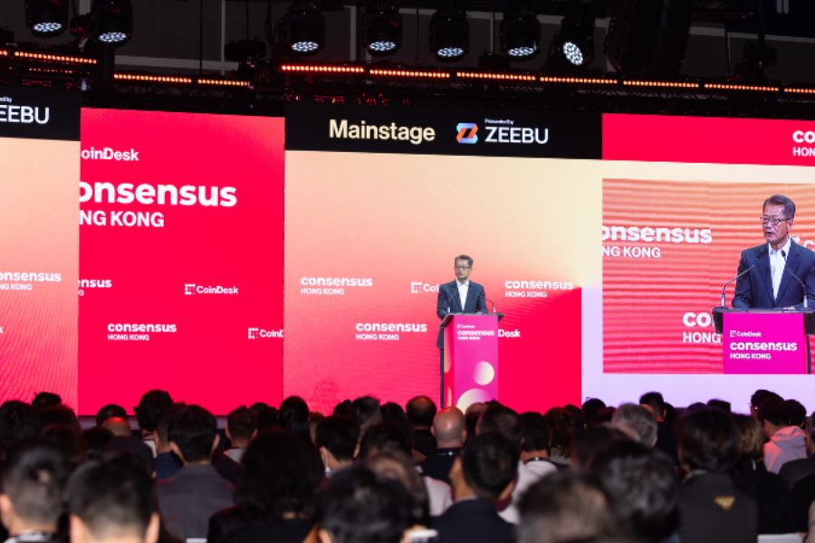 Speaker on stage at Consensus Hong Kong conference (Consensus)