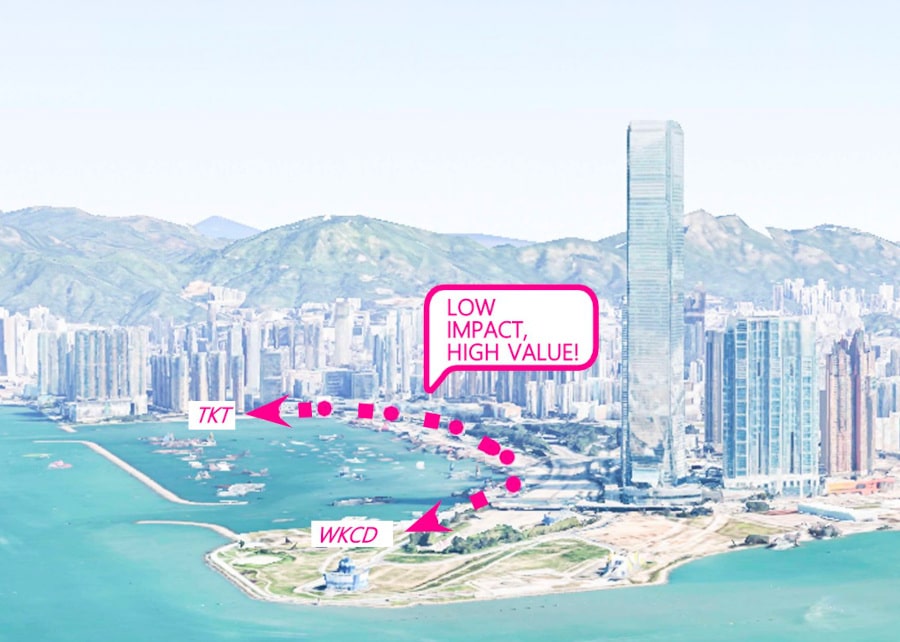 Concept image showing a dotted route linking Tai Kok Tsui (TKT) to West Kowloon Cultural District (WKCD) along Victoria Harbour (Source: CEDD South Development Office).