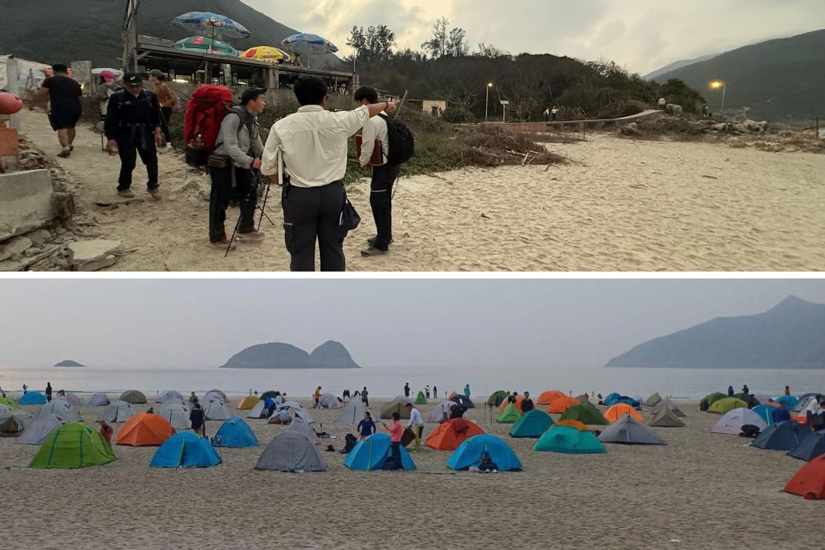 Collage showing officers patrolling a Sai Kung East Country Park beach campsite and a crowded shoreline filled with tents during the Chinese New Year holiday period
