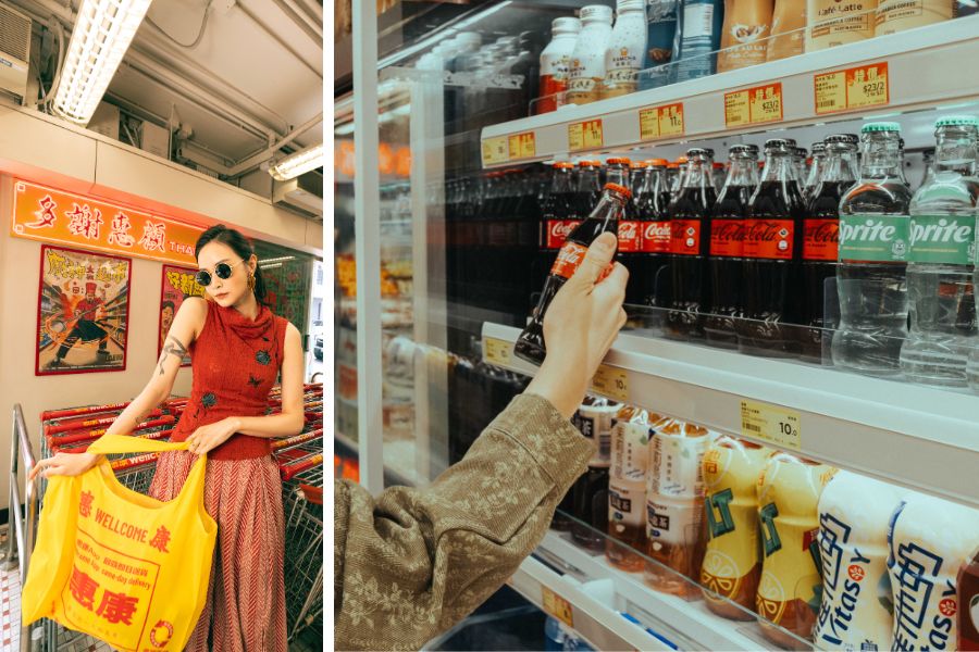 Shopper with Wellcome retro bag and glass Coke fridge (Wellcome - Jin Communications)