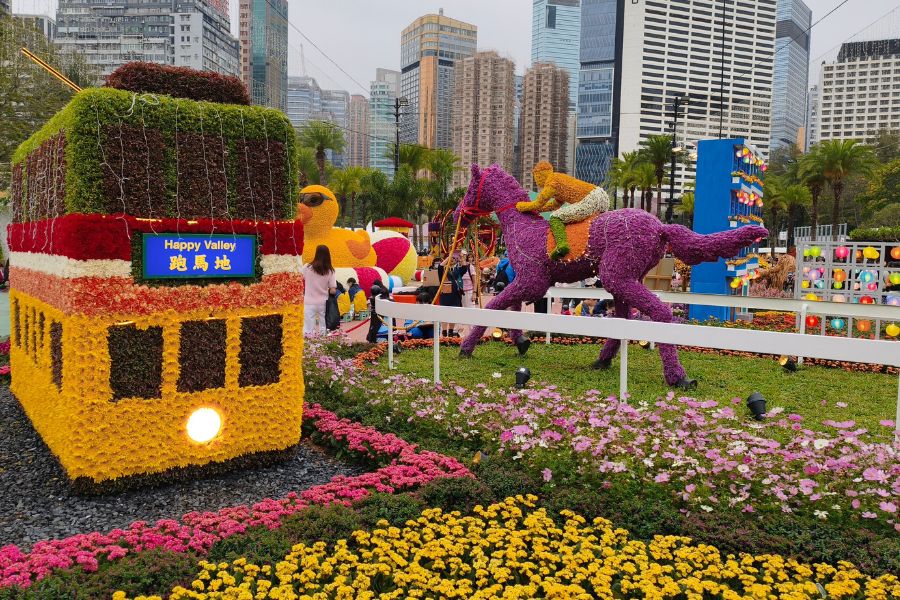Flower sculptures of a Happy Valley tram and racing horse at Hong Kong Flower Show (The HK HUB)