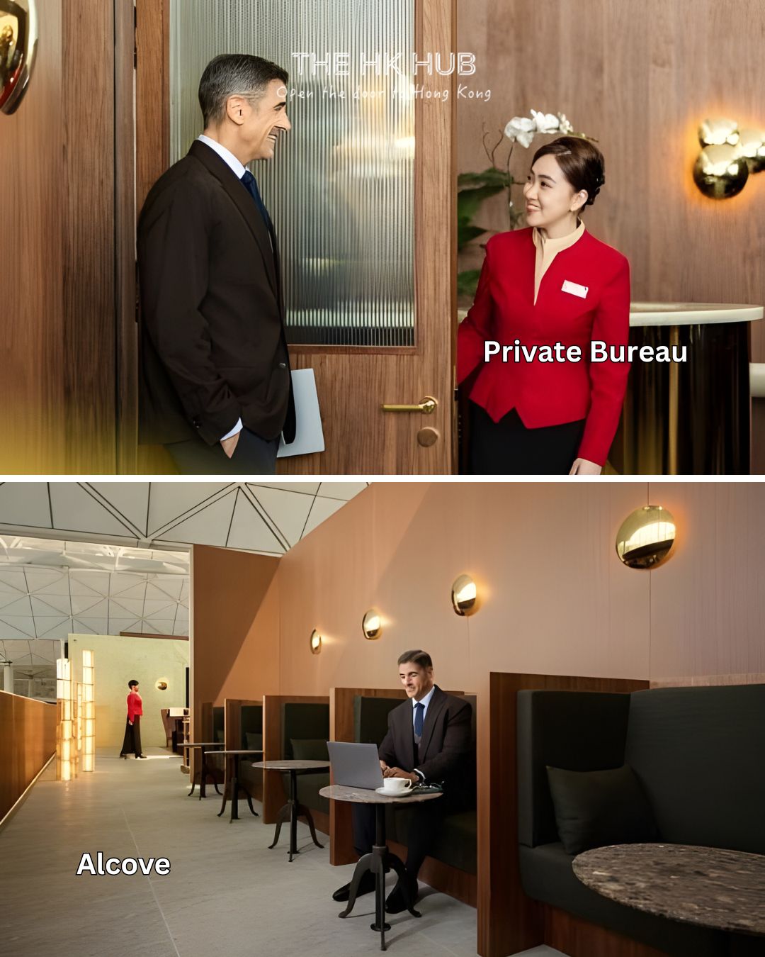 Quiet bureau alcove with art, privacy, and soft lighting (Cathay Pacific)