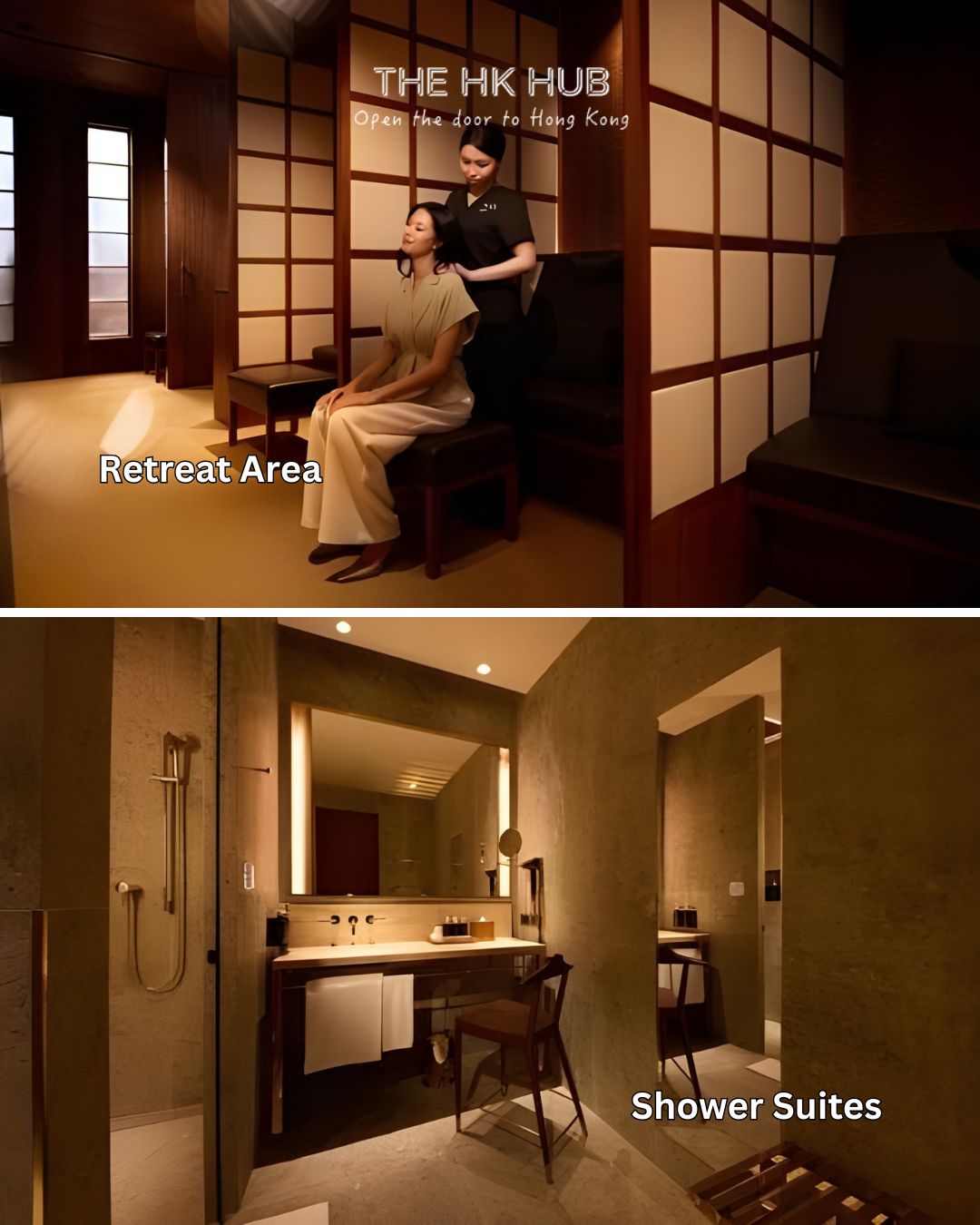 Wellness corner with massage booths and modern shower suites for reset (Cathay Pacific)