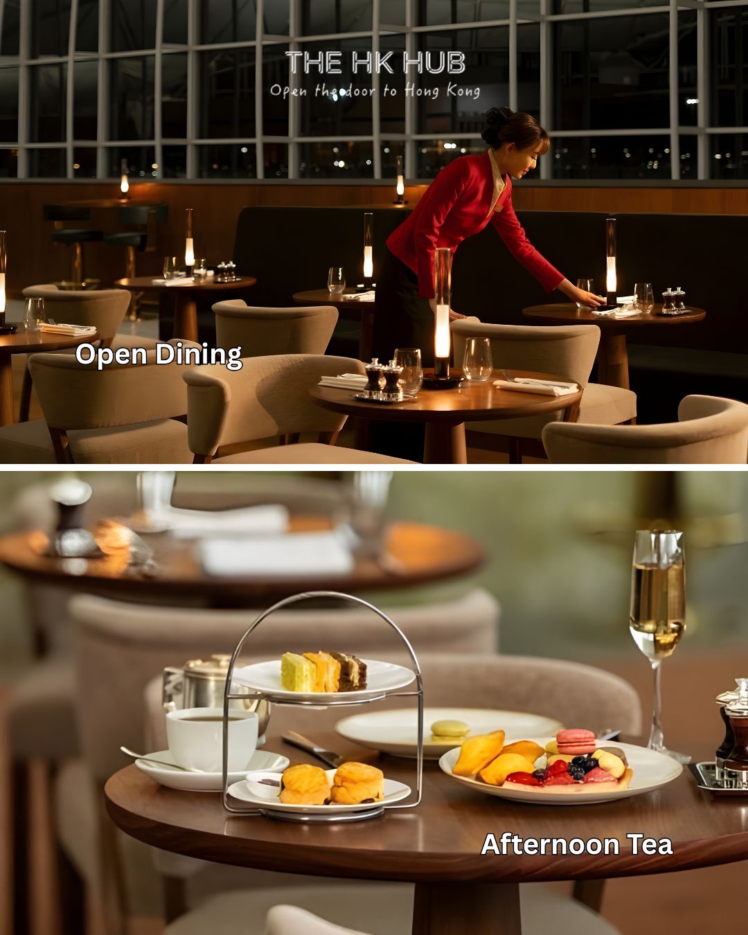 Open dining space serving afternoon tea under a calm atrium (Cathay Pacific)