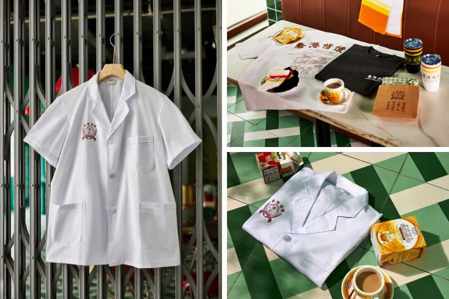 White short-sleeve uniform-style jacket with embroidered crest and pockets (Marathon Sports | Hiang Kie)