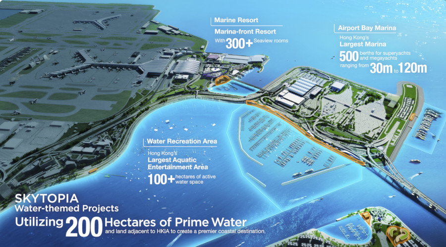 Aerial concept map of HKIA Skytopia showing Airport Bay Marina, Marine Resort, and Water Recreation Area (Skytopia)
