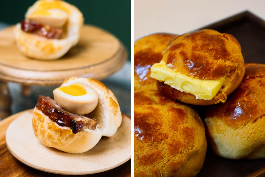 Hong Kong-style char siu molten egg pineapple bun beside a traditional pineapple buns with butter (The Forest Bakery+)