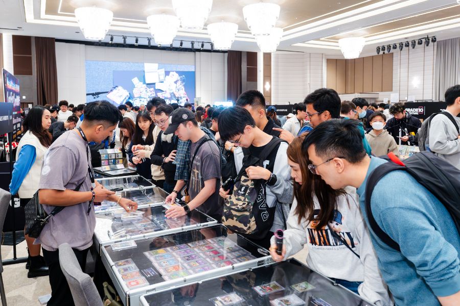 Visitors browsing trading cards at previous Grade10 FEST card show (Six Degrees)