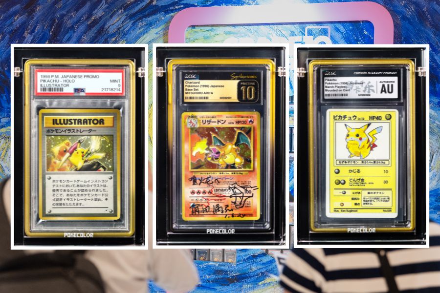 1998 Pikachu Illustrator card PSA 9, 1996 first-edition Charizard hand-signed by Mitsuhiro Arita CGC Pristine 10 and 1996 March Playtest Pikachu CGC Authentic on display (Six Degrees)