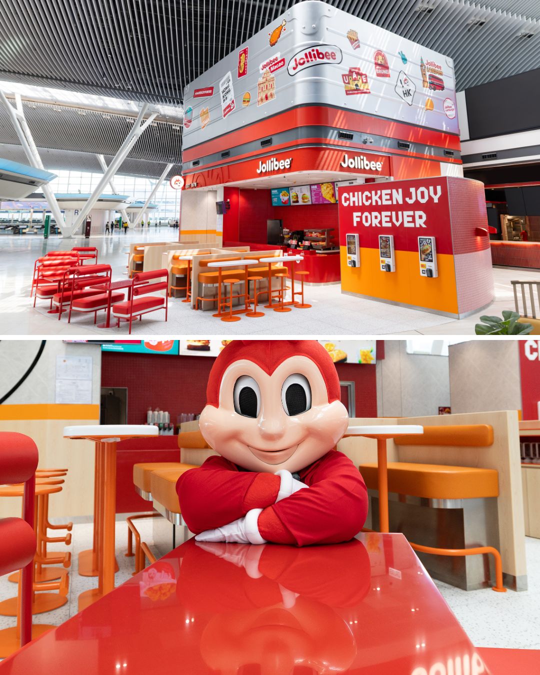 Jollibee’s first airport branch at HKIA Terminal 2 with suitcase-themed store design and mascot (Sinclair)