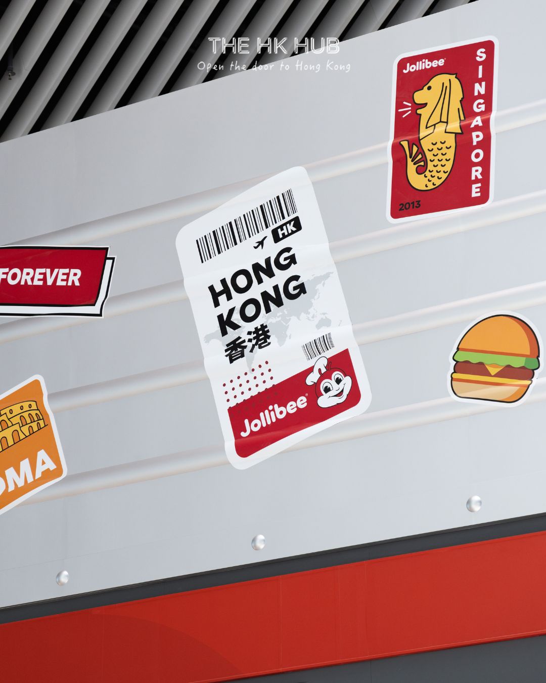 Hong Kong boarding pass detail on Jollibee’s travel-inspired airport branch design (Sinclair)