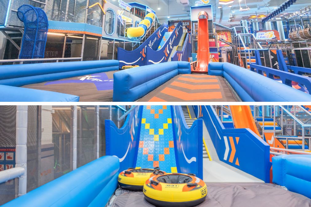 Zone 1 steep curved slide runway with launch pad and inflatable ring action (Xventure HK)