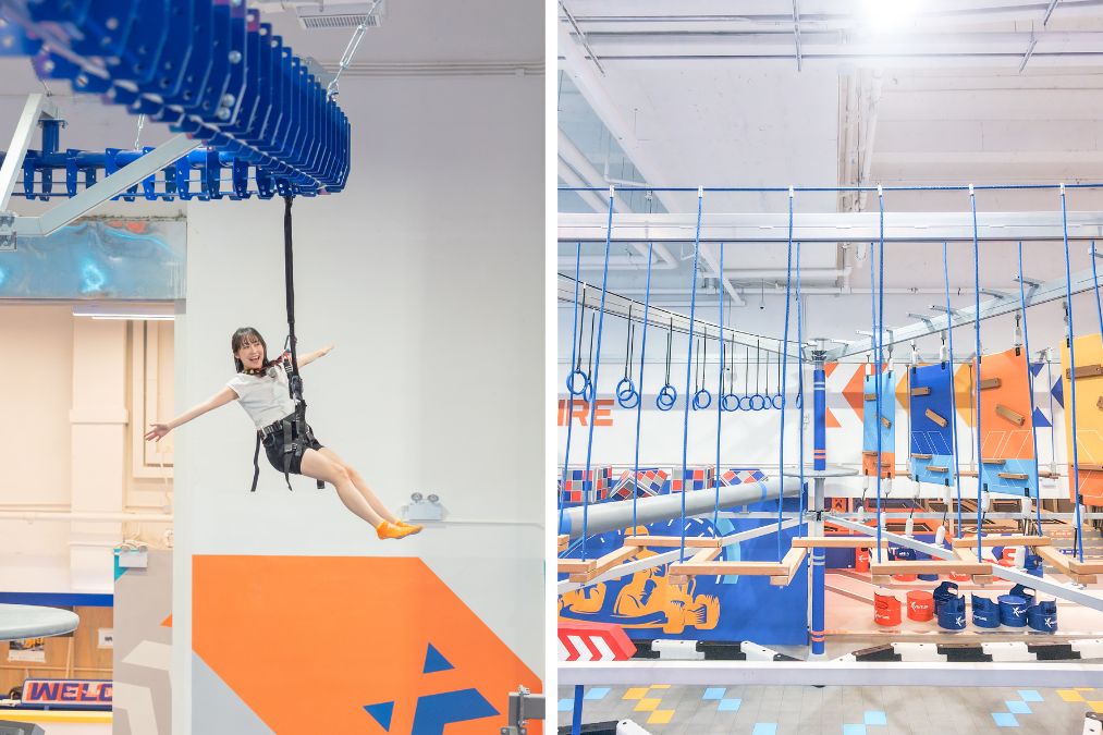 Zone 2 elevated ropes and unstable pivot points with safety harnesses above the arena (Xventure HK)