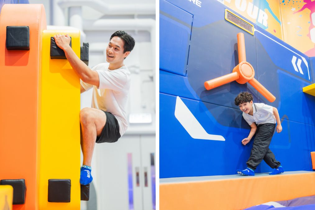 Zone 4 three-level speed climb with mechanical obstacles and colour-marked routes (Xventure HK)