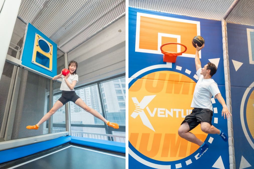 Zone 5 trampoline area with basketball hoops, dodgeball court and reaction lights (Xventure HK)