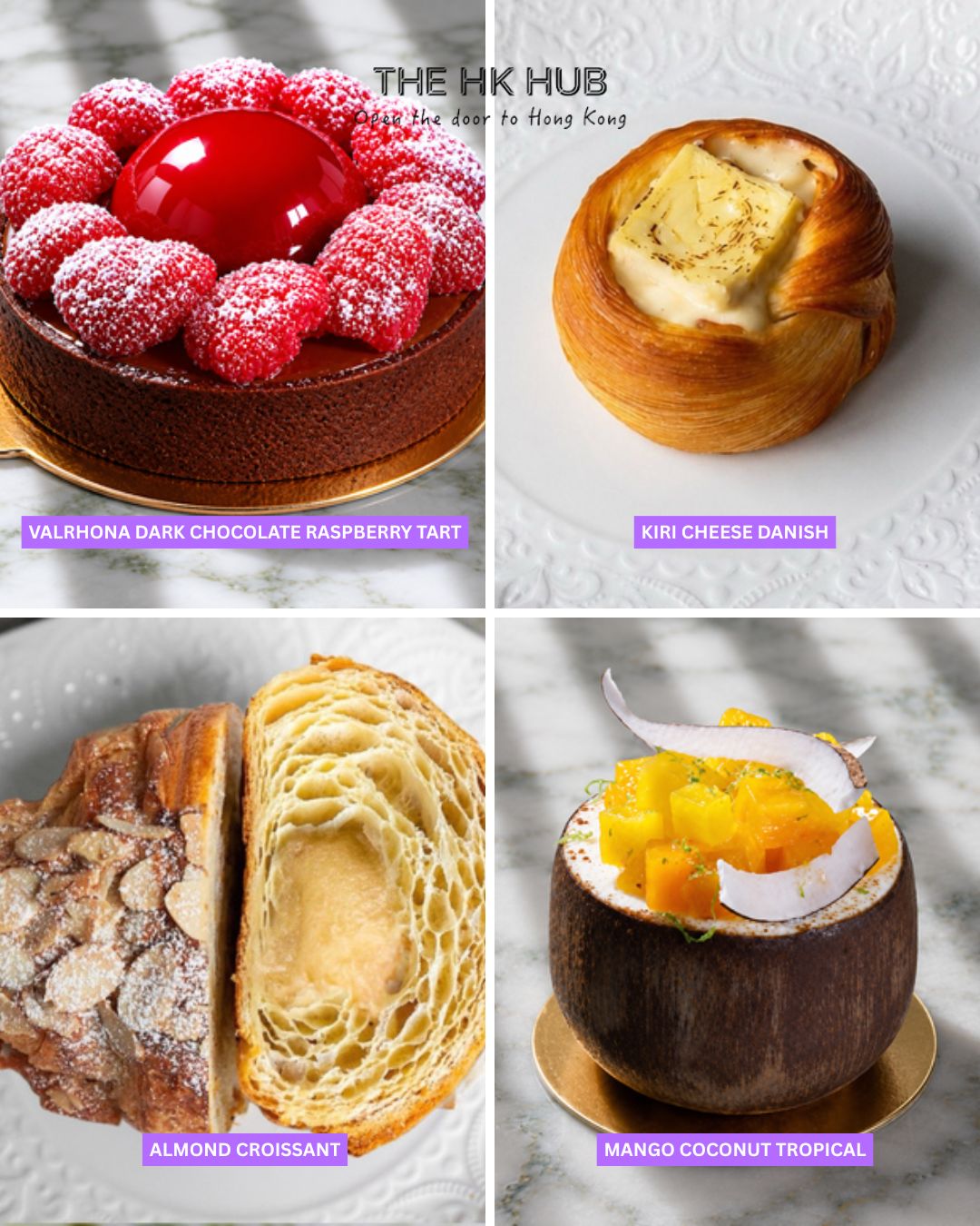 Valrhona dark chocolate raspberry tart, Kiri cheese Danish, almond croissant and mango coconut tropical dessert (Roasters Hong Kong)