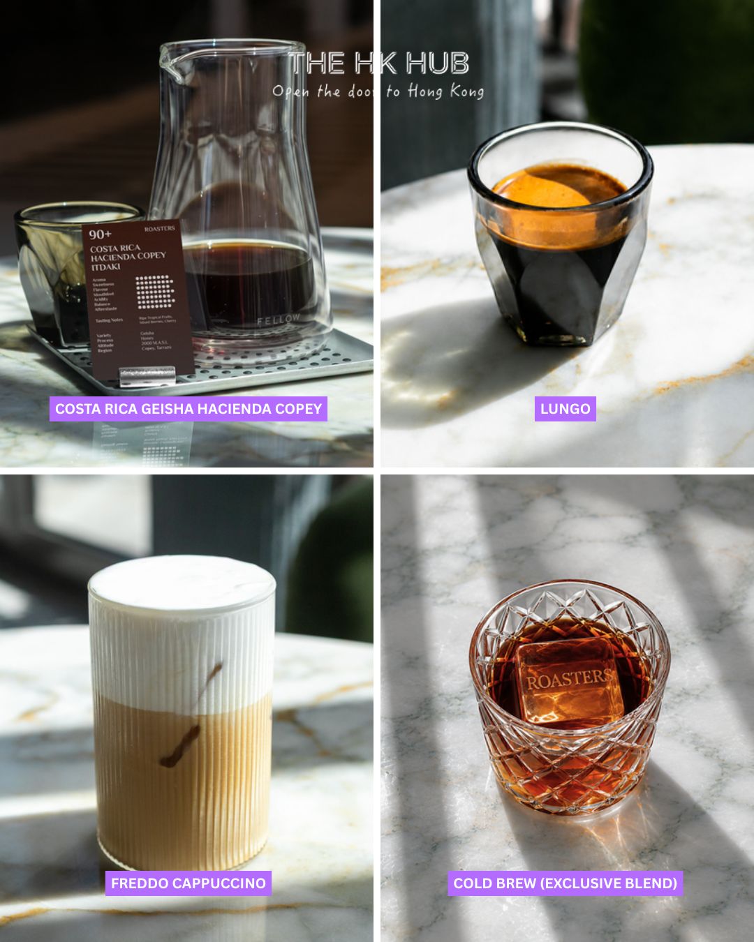 Costa Rica Geisha manual brew, lungo, freddo cappuccino and cold brew (Roasters Hong Kong)