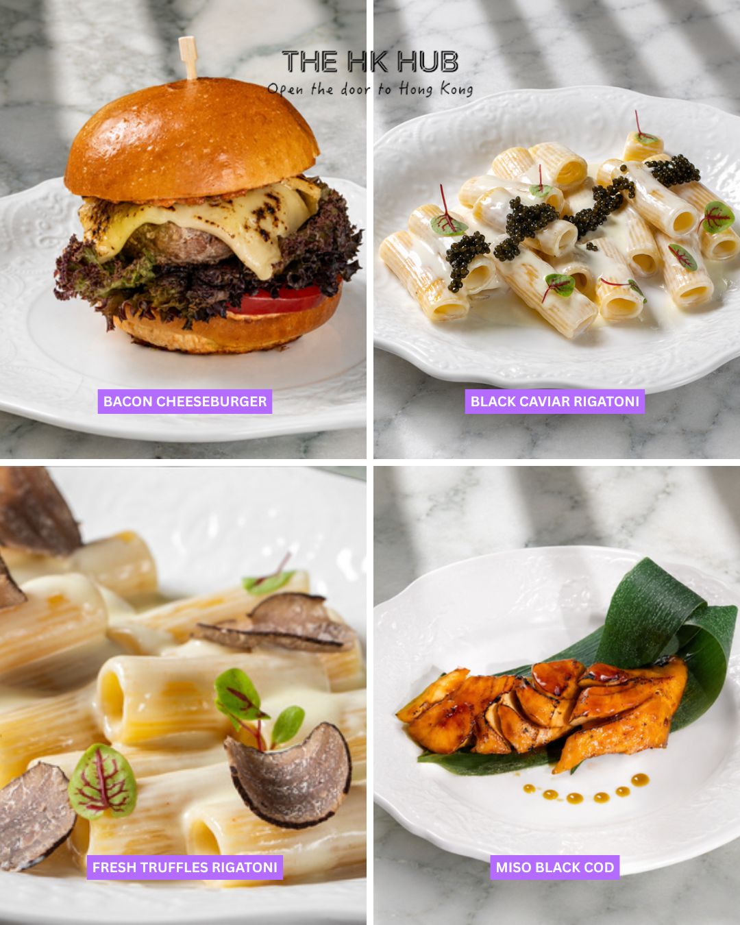 Bacon cheeseburger, black caviar rigatoni, fresh truffles rigatoni and miso black cod (Roasters Hong Kong)