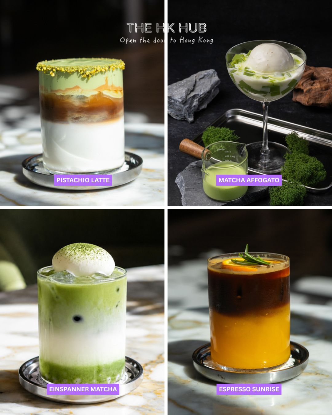 Pistachio latte, matcha affogato, einspanner matcha and espresso sunrise (Roasters Hong Kong)