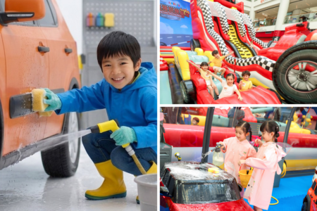 New Racing-Themed Inflatable Park At Olympian City Lets Kids Try Car Washing This Summer olympian city jumptopia racing car training base popup