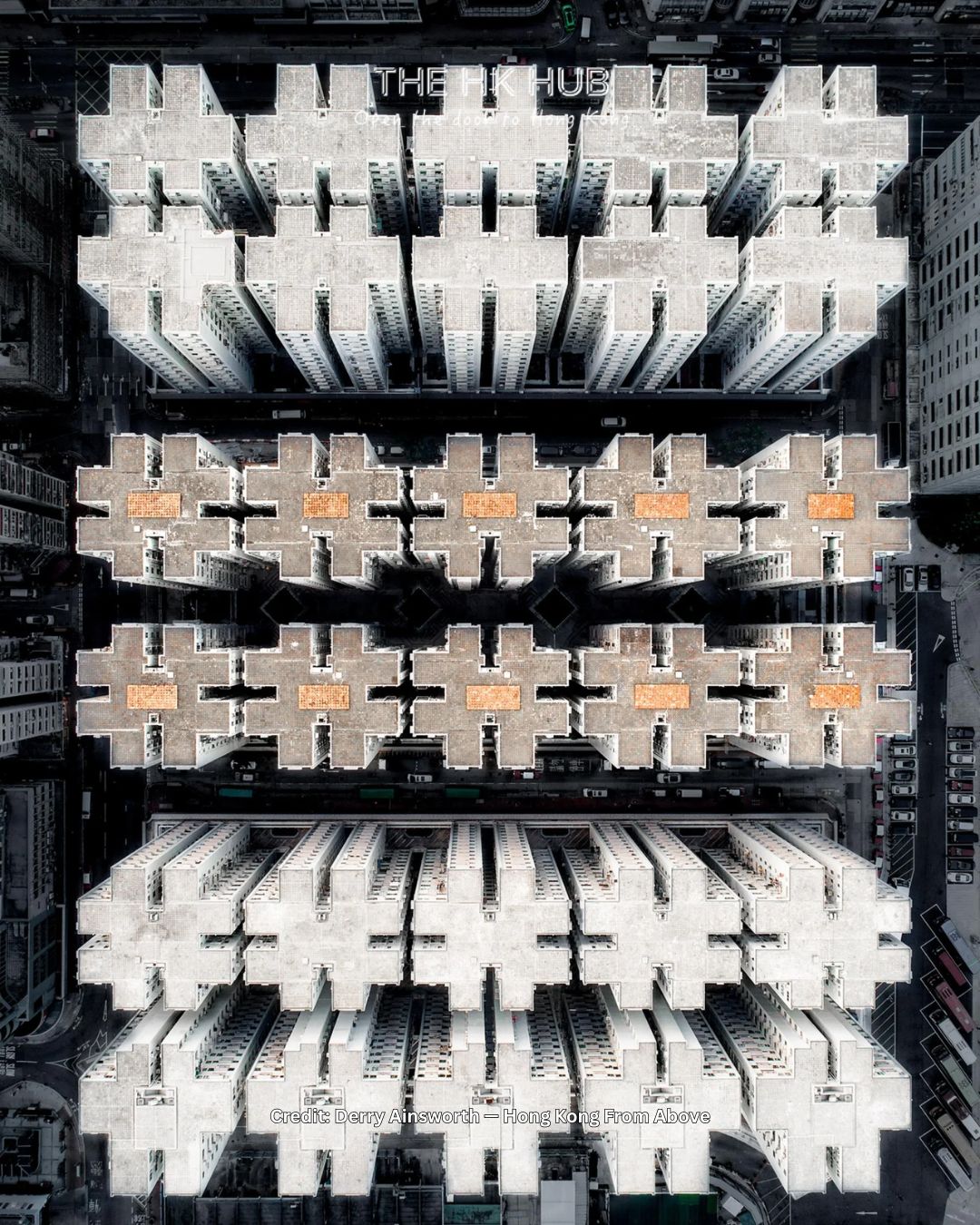 Geometric residential blocks in Hong Kong photographed from above (Derry Ainsworth)