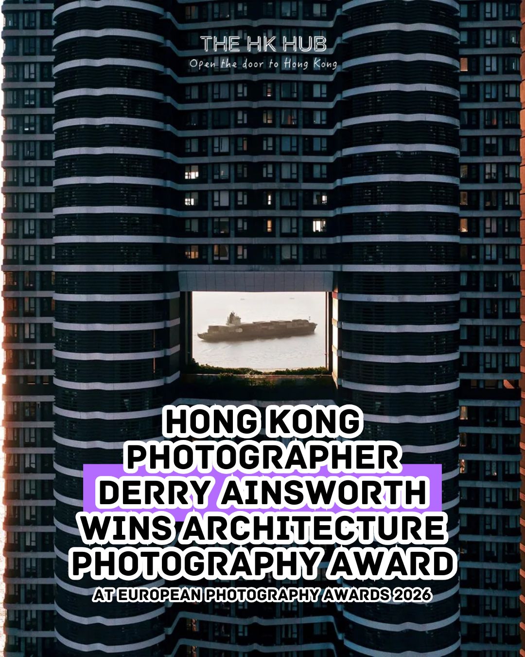 Hong Kong residential towers framing a cargo in the harbour from above (Derry Ainsworth)