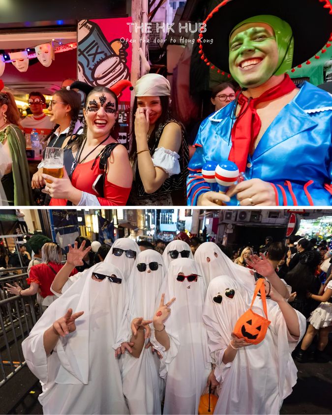 people in halloween costumes in lan kwai fong streets