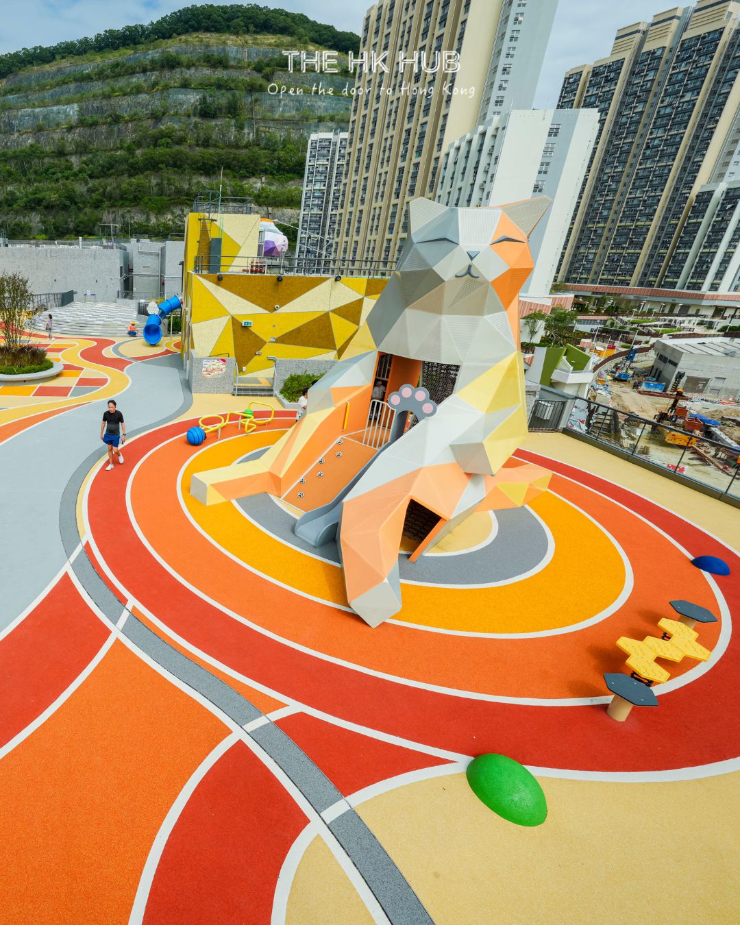 Colourful Pawsitive Park rooftop playground and cat-shaped slide at The Anderson