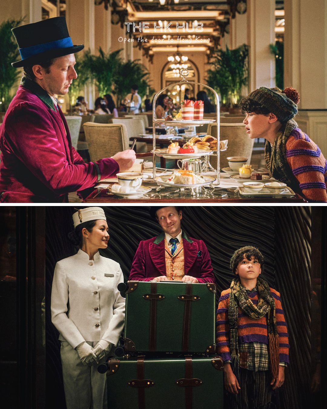 Willy Wonka and Charlie Bucket having afternoon tea at The Peninsula Hong Kong, with hotel staff welcoming them